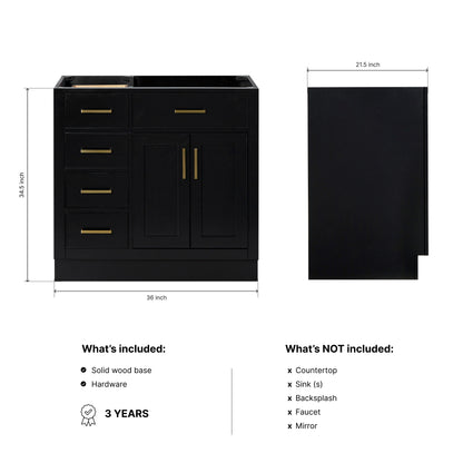 Isabella 36-inch Black base cabinet on dimensions