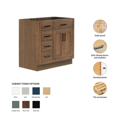 Isabella 36-inch Brown Oak base cabinet on feature highlights: solid wood frame, soft-close doors and drawers, Sherwin-Williams paint finish