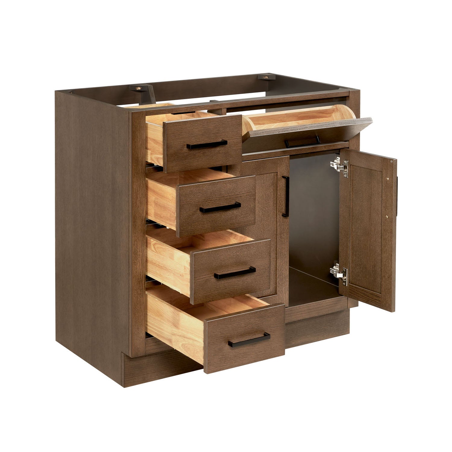 Isabella 36-inch Brown Oak base cabinet on white back ground side view open door