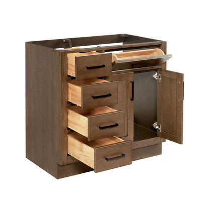 Isabella 36-inch Brown Oak base cabinet on white back ground side view open door