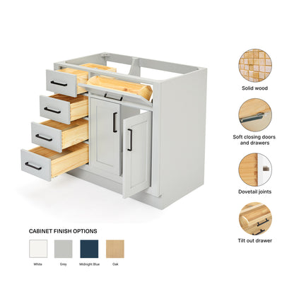 Isabella 36-inch Grey base cabinet on feature highlights: solid wood frame, soft-close doors and drawers, Sherwin-Williams paint finish