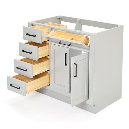 Isabella 36-inch Grey base cabinet on white back ground side view open door
