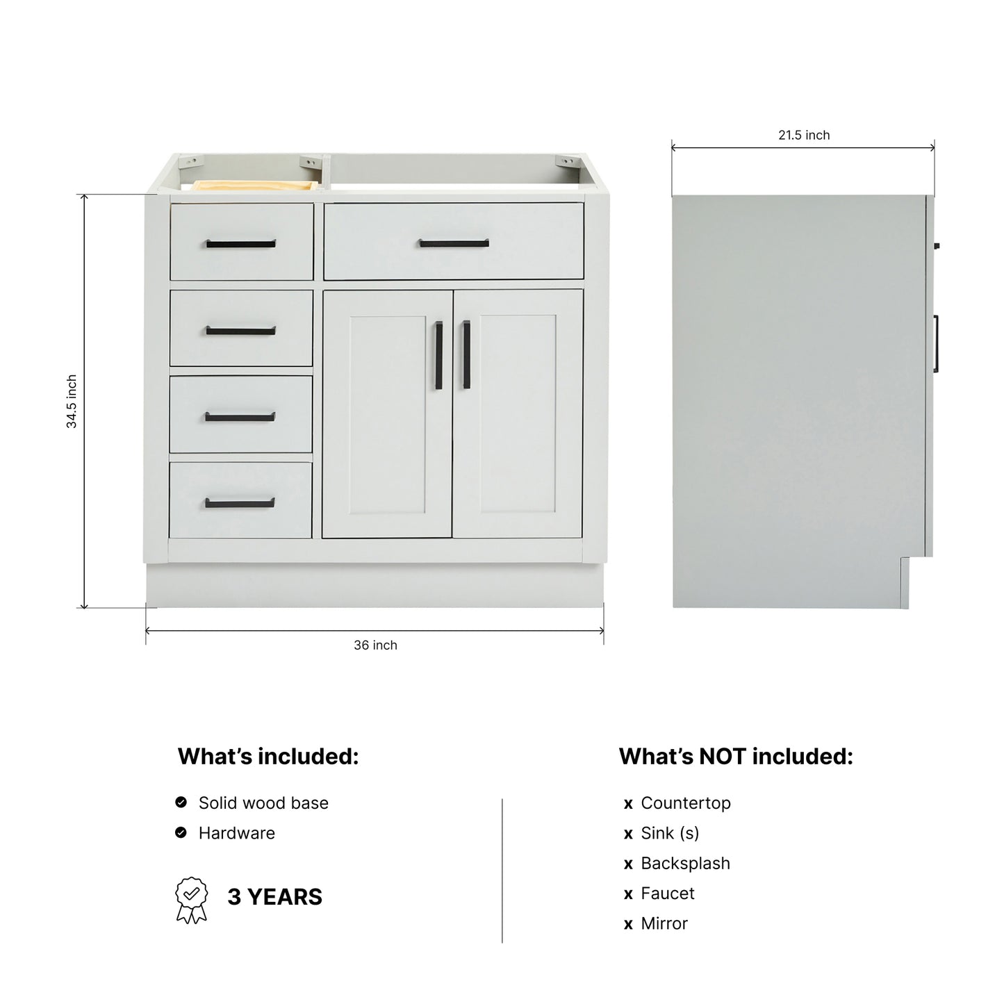 Isabella 36-inch Grey base cabinet on dimensions