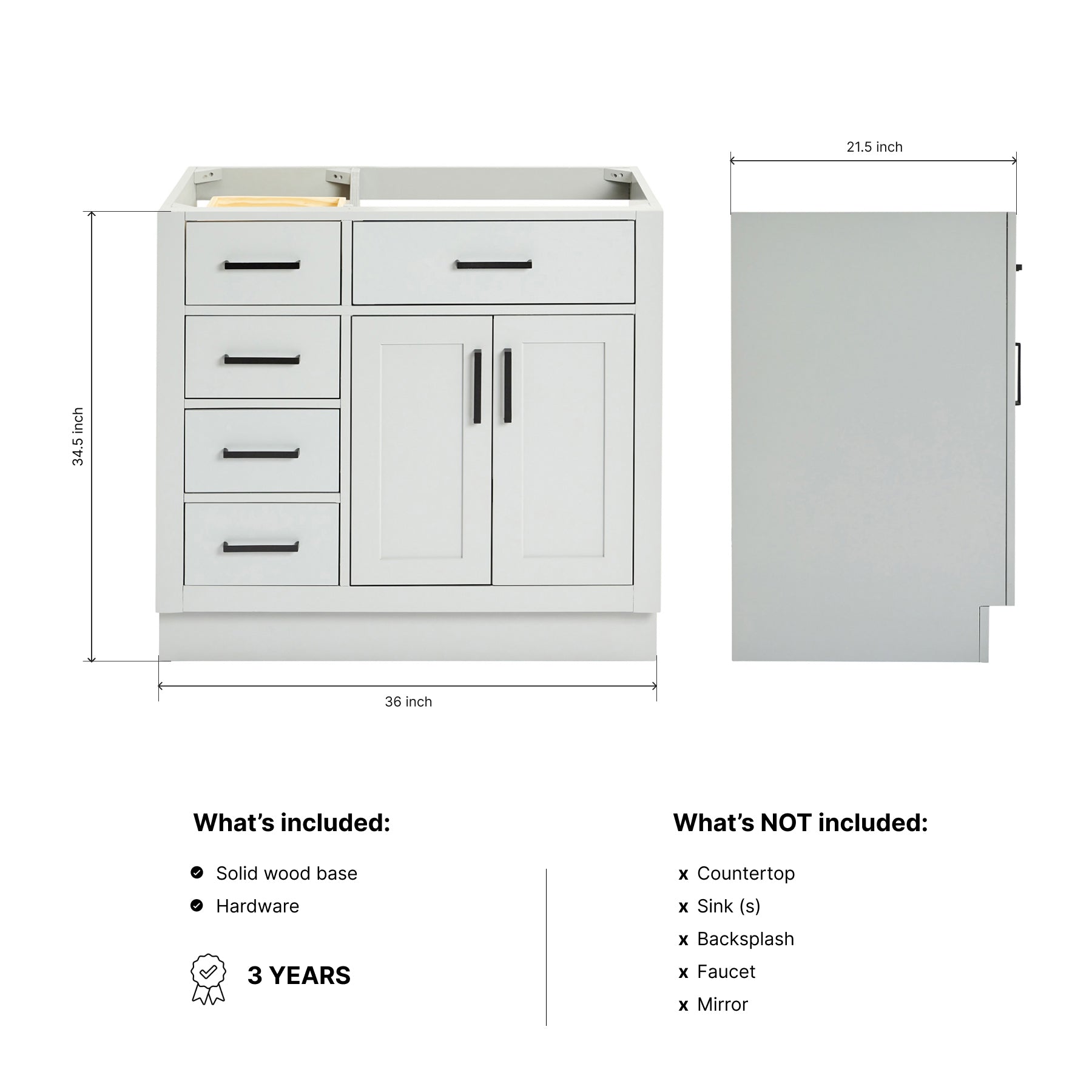 Isabella 36-inch Grey base cabinet on dimensions