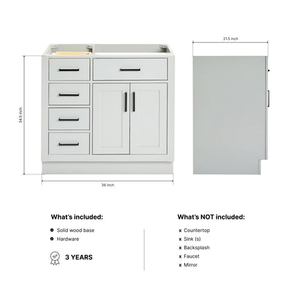 Isabella 36-inch Grey base cabinet on dimensions