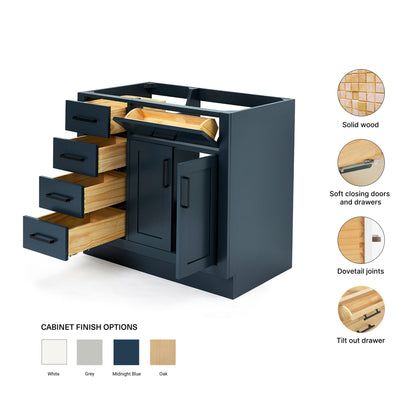 Isabella 36-inch Midnight Blue base cabinet on feature highlights: solid wood frame, soft-close doors and drawers, Sherwin-Williams paint finish