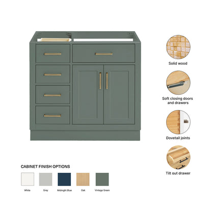 Isabella 36-inch Vintage Green base cabinet on feature highlights: solid wood frame, soft-close doors and drawers, Sherwin-Williams paint finish