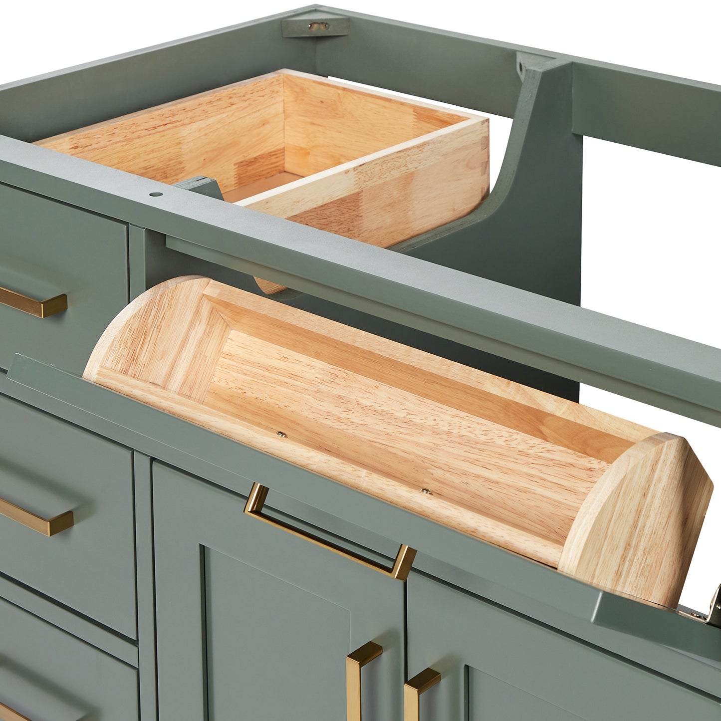 Isabella 36-inch Vintage Green base cabinet on white back ground side view open door