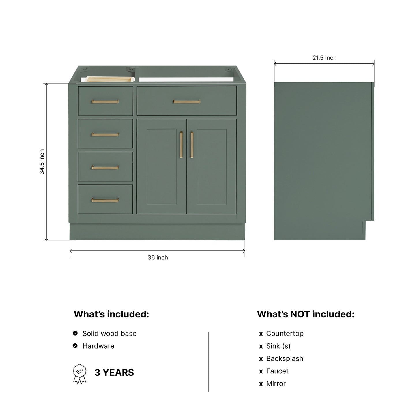 Isabella 36-inch Vintage Green base cabinet on dimensions