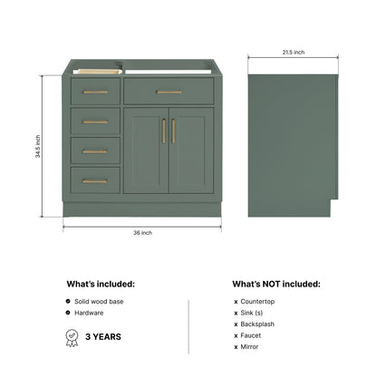 Isabella 36-inch Vintage Green base cabinet on dimensions