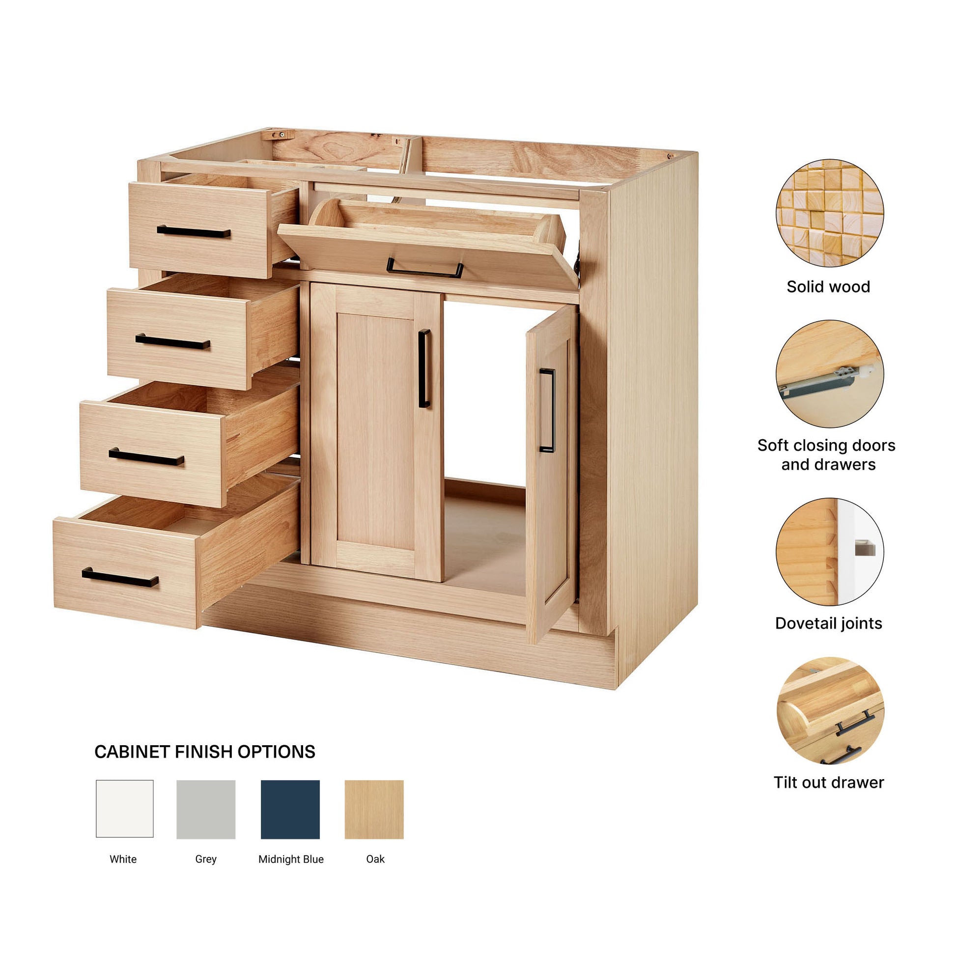Isabella 36-inch Natural Oak base cabinet on feature highlights: solid wood frame, soft-close doors and drawers, Sherwin-Williams paint finish