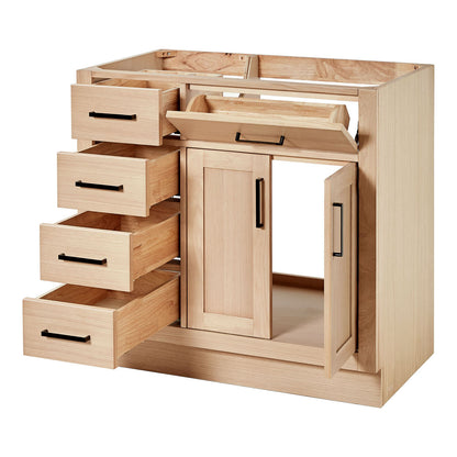 Isabella 36-inch Natural Oak base cabinet on white back ground side view open door
