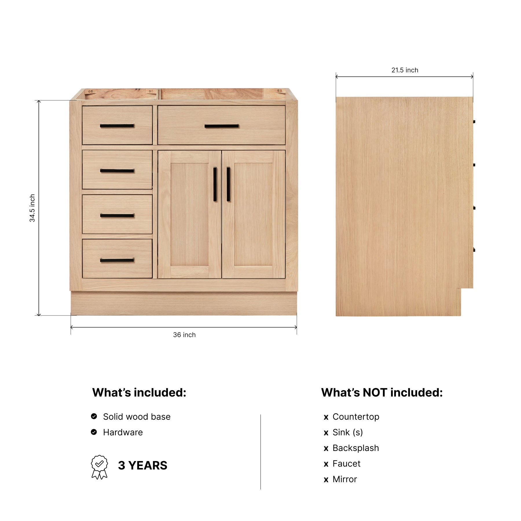 Isabella 36-inch Natural Oak base cabinet on dimensions
