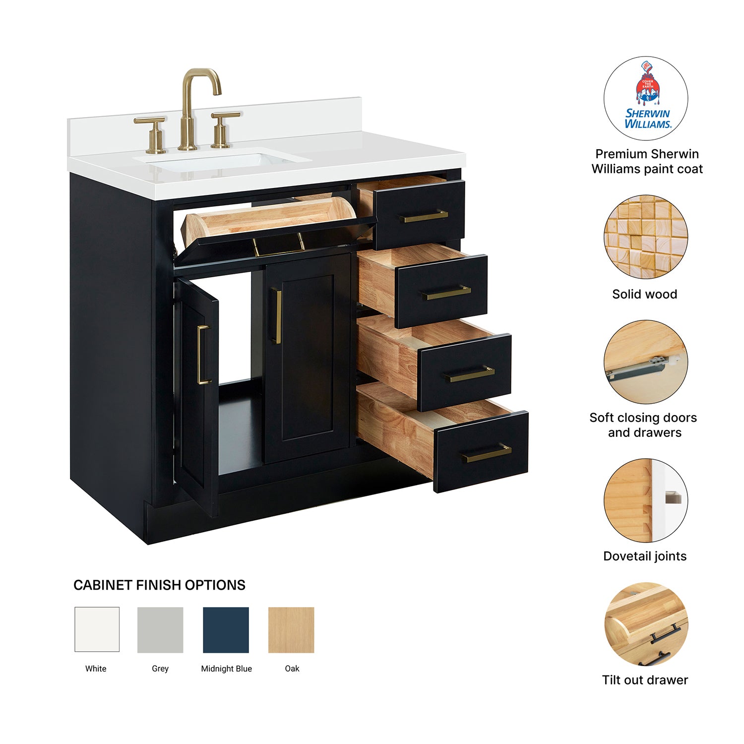 Isabella 36-Inch Black bathroom vanity – feature highlights: solid wood frame, soft-close doors and drawers, Sherwin-Williams paint finish