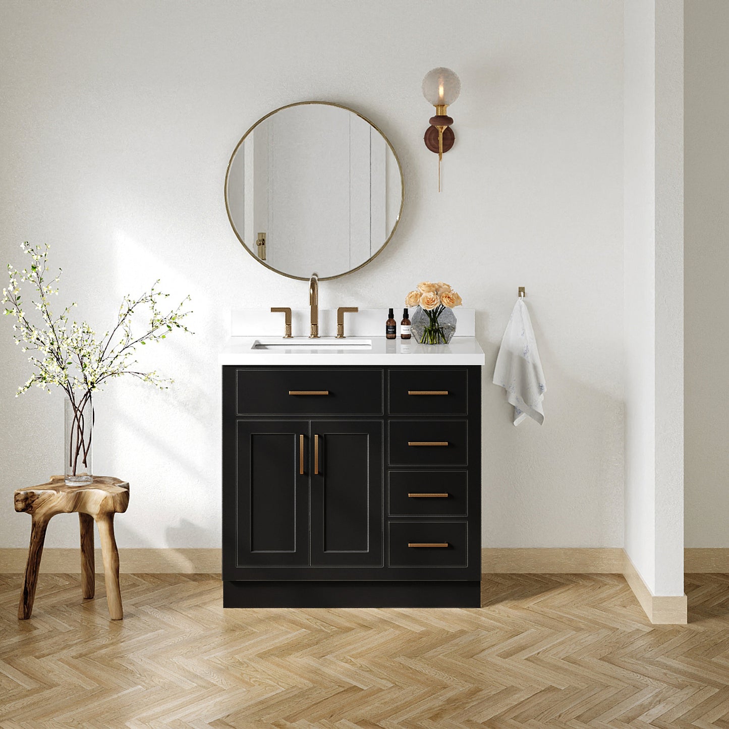 Isabella 36-Inch Black bathroom vanity in styled bathroom setting