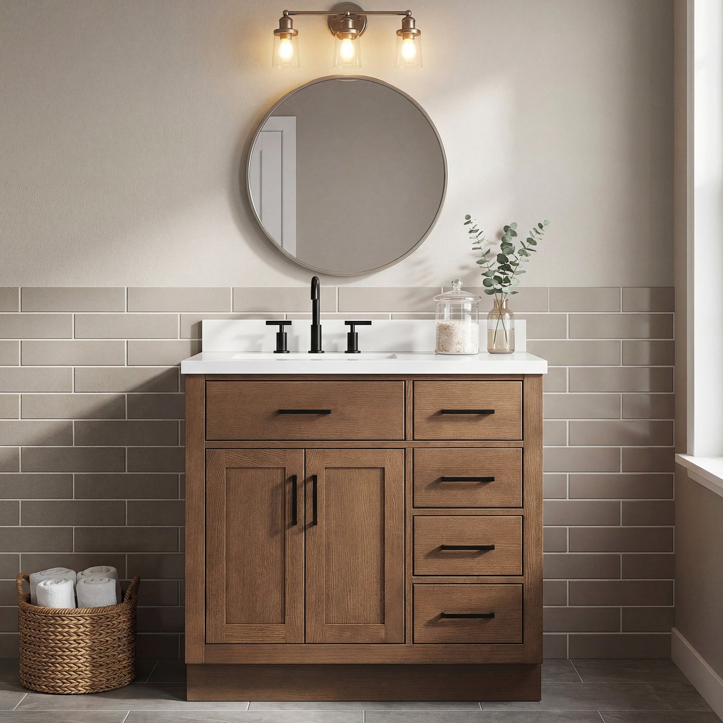 Isabella 36-Inch Brown Oak bathroom vanity in styled bathroom setting