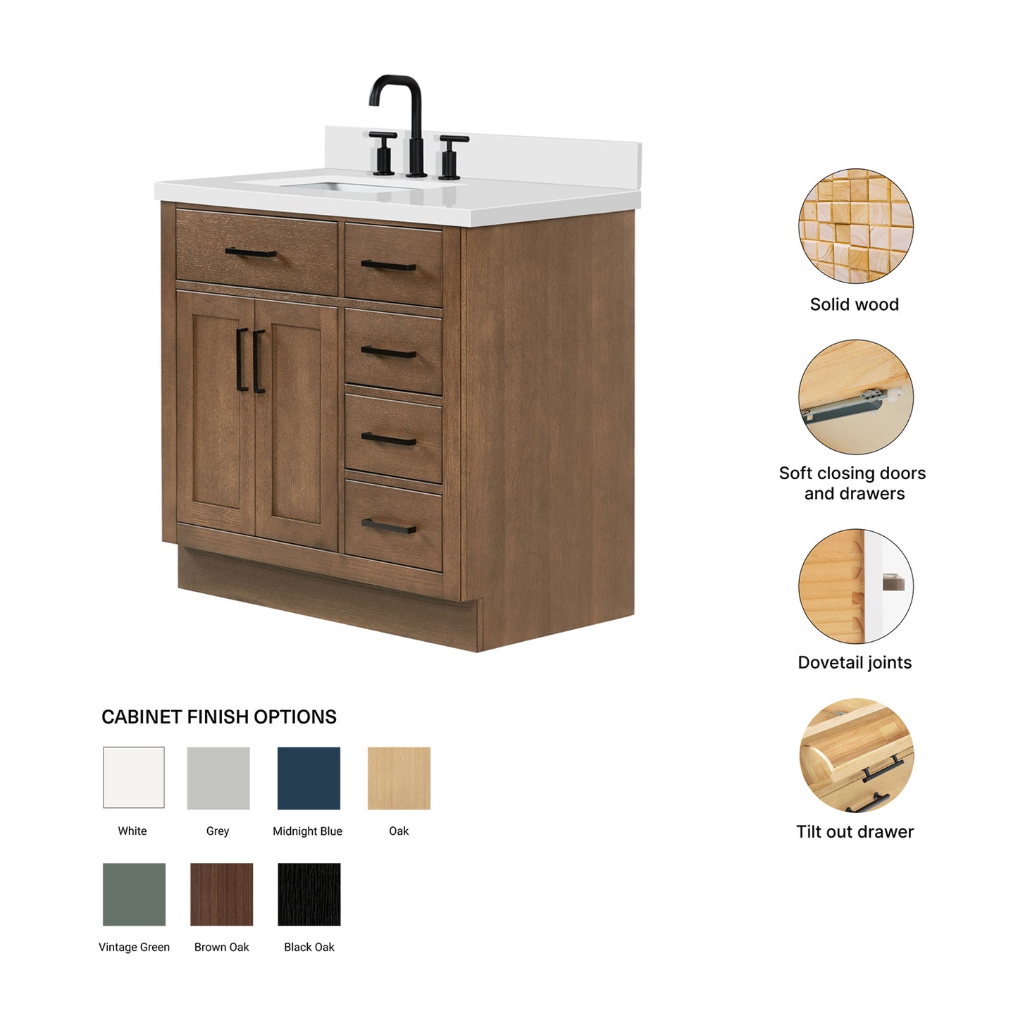 Isabella 36-Inch Brown Oak bathroom vanity – feature highlights: solid wood frame, soft-close doors and drawers, Sherwin-Williams paint finish