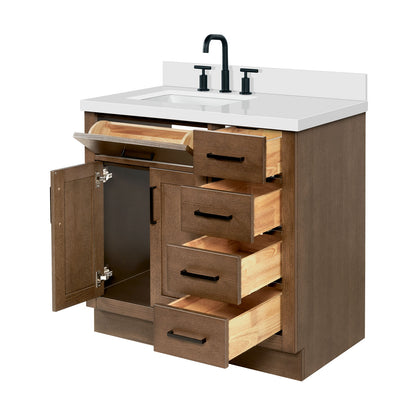Isabella 36-Inch Brown Oak bathroom vanity on white background – product photo 6