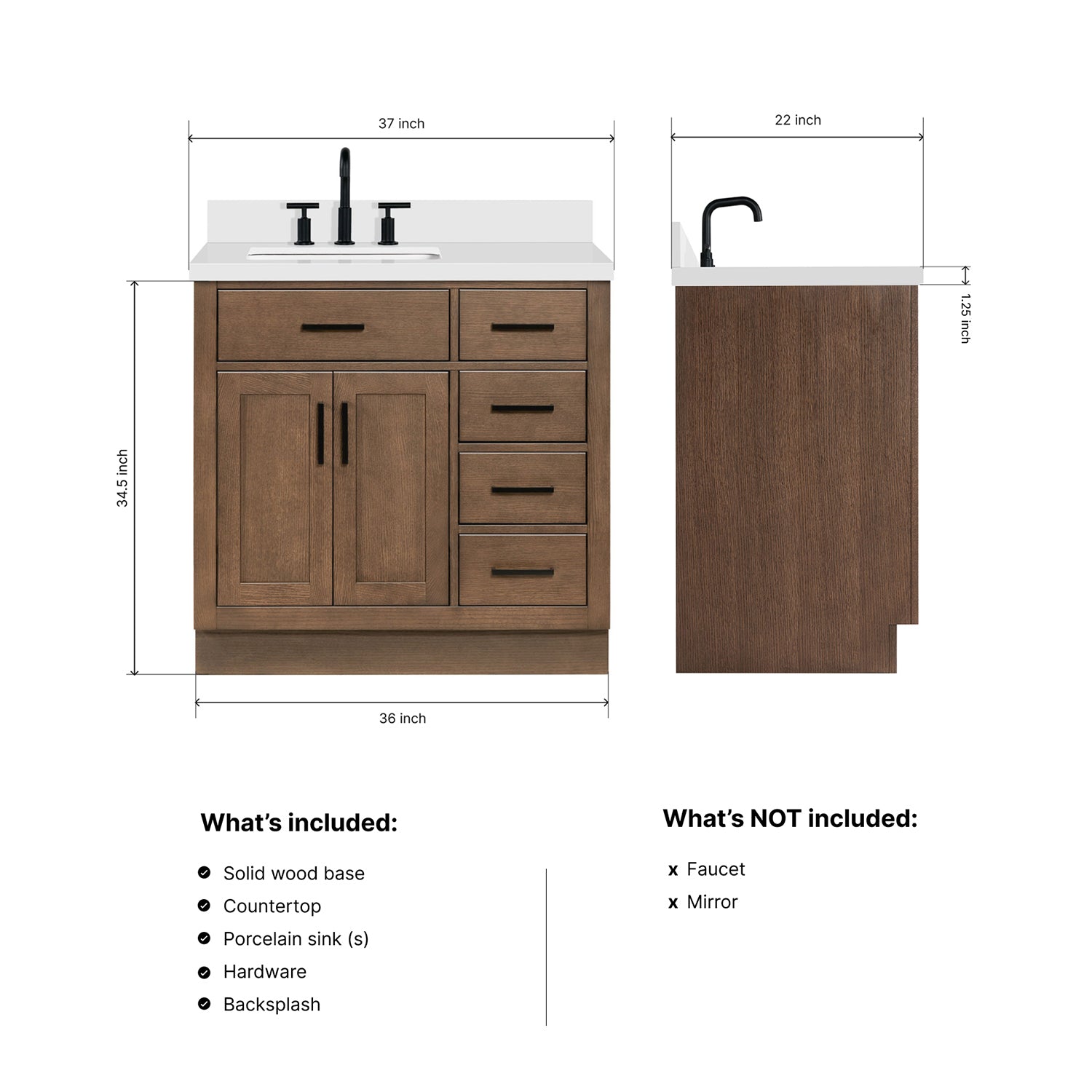 Isabella 36-Inch Brown Oak bathroom vanity dimensions