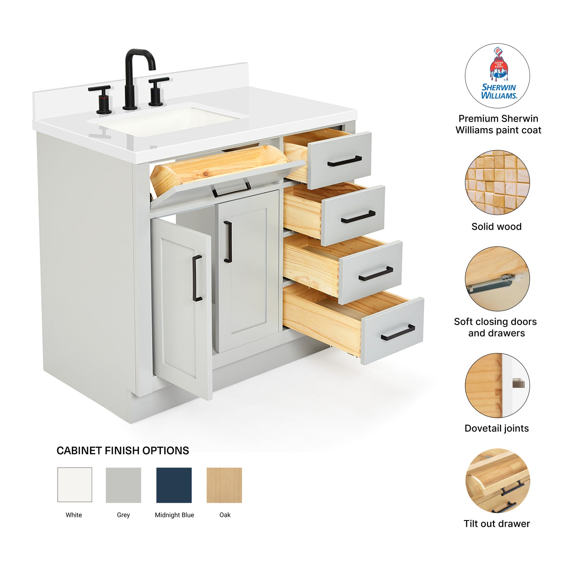 Isabella 36-Inch Grey bathroom vanity – feature highlights: solid wood frame, soft-close doors and drawers, Sherwin-Williams paint finish