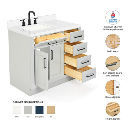 Isabella 36-Inch Grey bathroom vanity – feature highlights: solid wood frame, soft-close doors and drawers, Sherwin-Williams paint finish