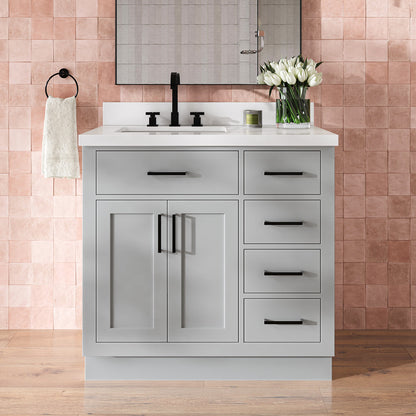 Isabella 36-Inch Grey bathroom vanity in styled bathroom setting