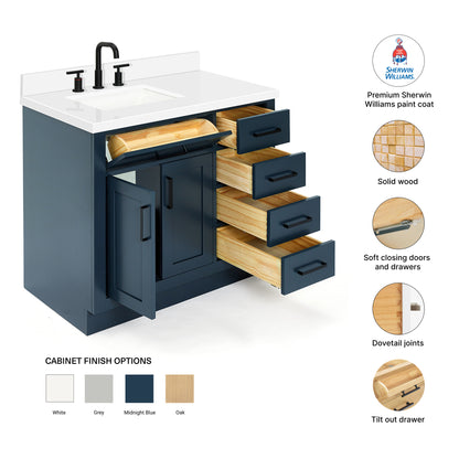 Isabella 36-Inch Midnight Blue bathroom vanity – feature highlights: solid wood frame, soft-close doors and drawers, Sherwin-Williams paint finish