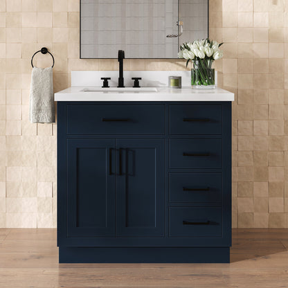 Isabella 36-Inch Midnight Blue bathroom vanity in styled bathroom setting