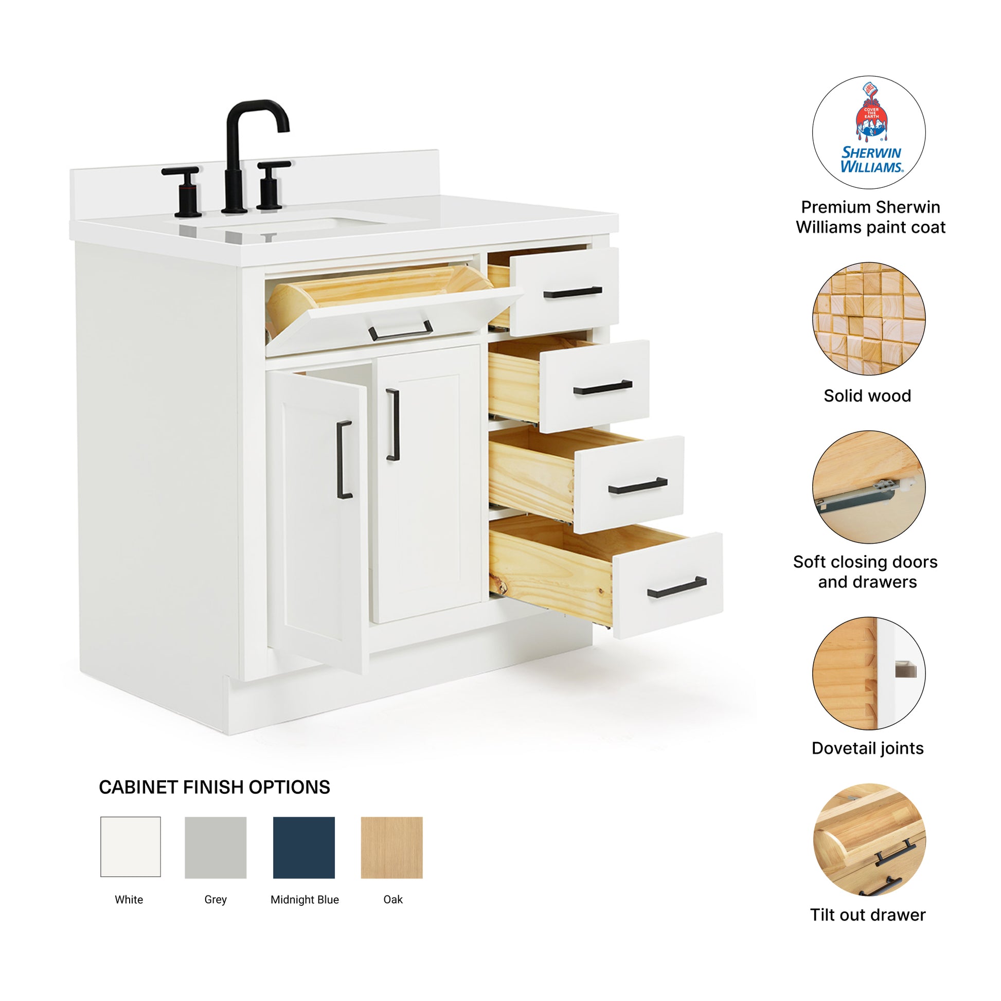 Isabella 36-Inch White bathroom vanity – feature highlights: solid wood frame, soft-close doors and drawers, Sherwin-Williams paint finish