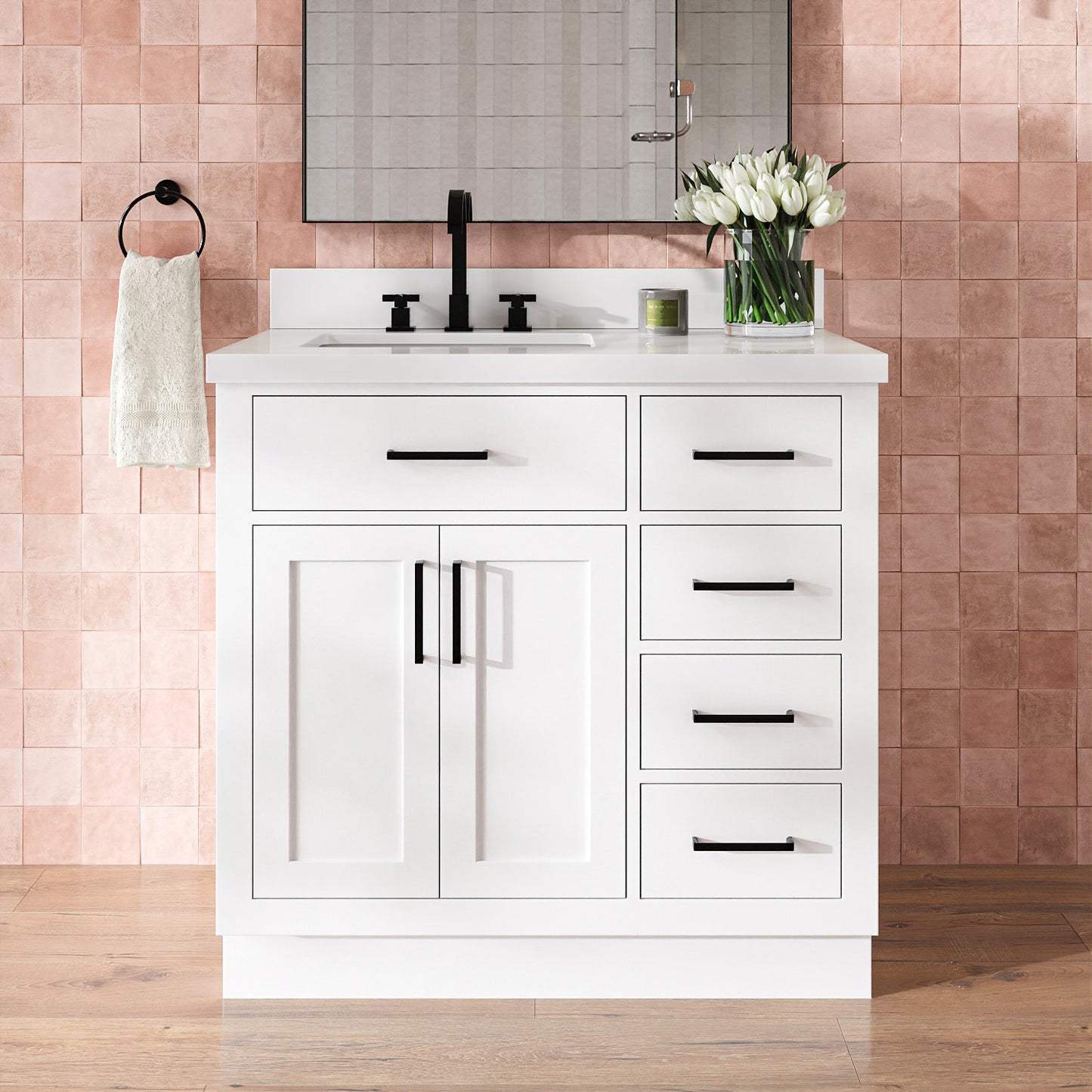 Isabella 36-Inch White bathroom vanity in styled bathroom setting