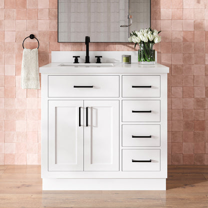 Isabella 36-Inch White bathroom vanity in styled bathroom setting