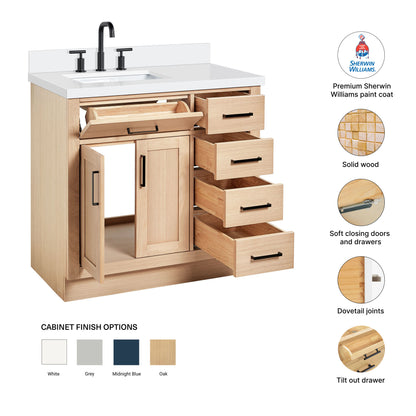 Isabella 36-Inch White Oak bathroom vanity – feature highlights: solid wood frame, soft-close doors and drawers, Sherwin-Williams paint finish