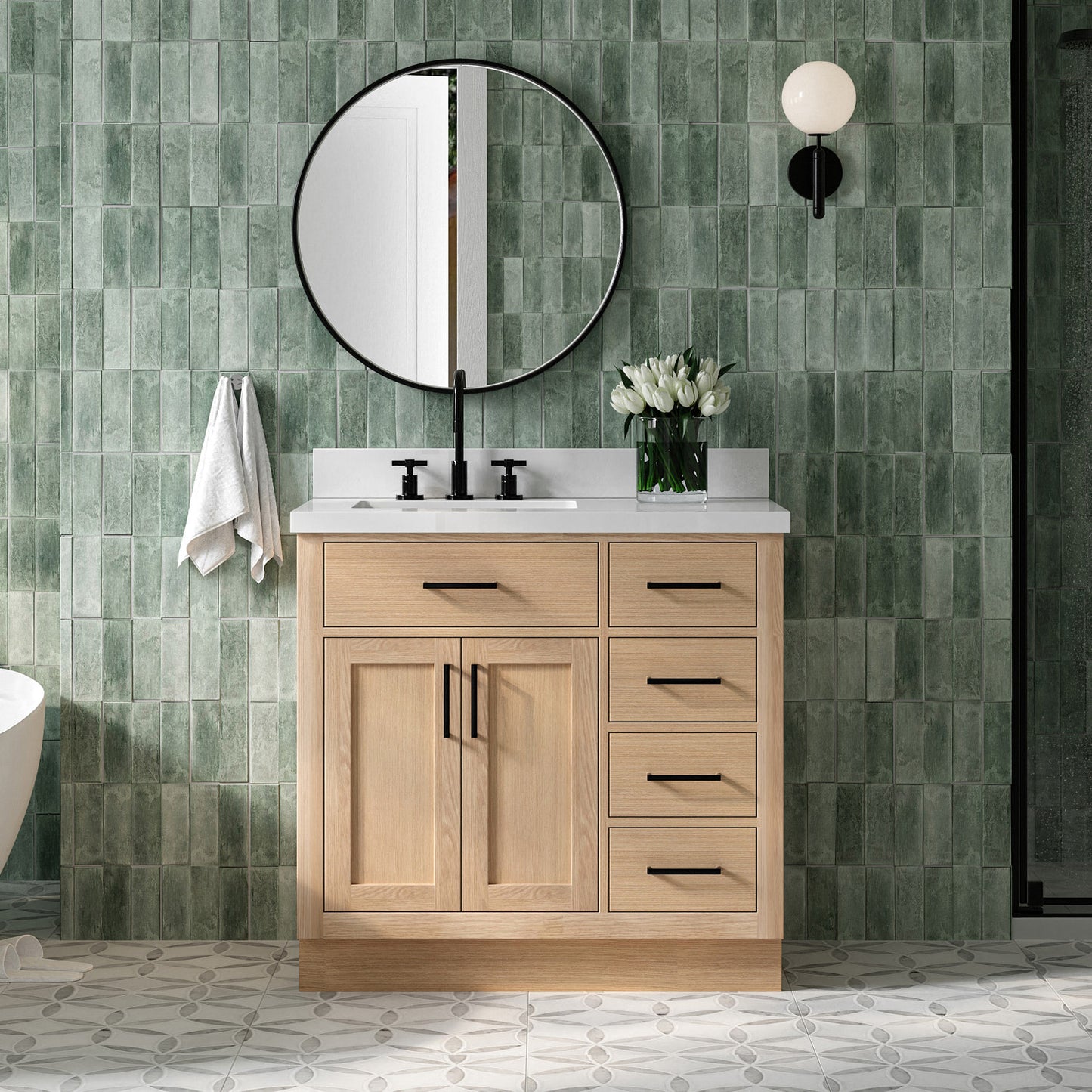 Isabella 36-Inch White Oak bathroom vanity in styled bathroom setting