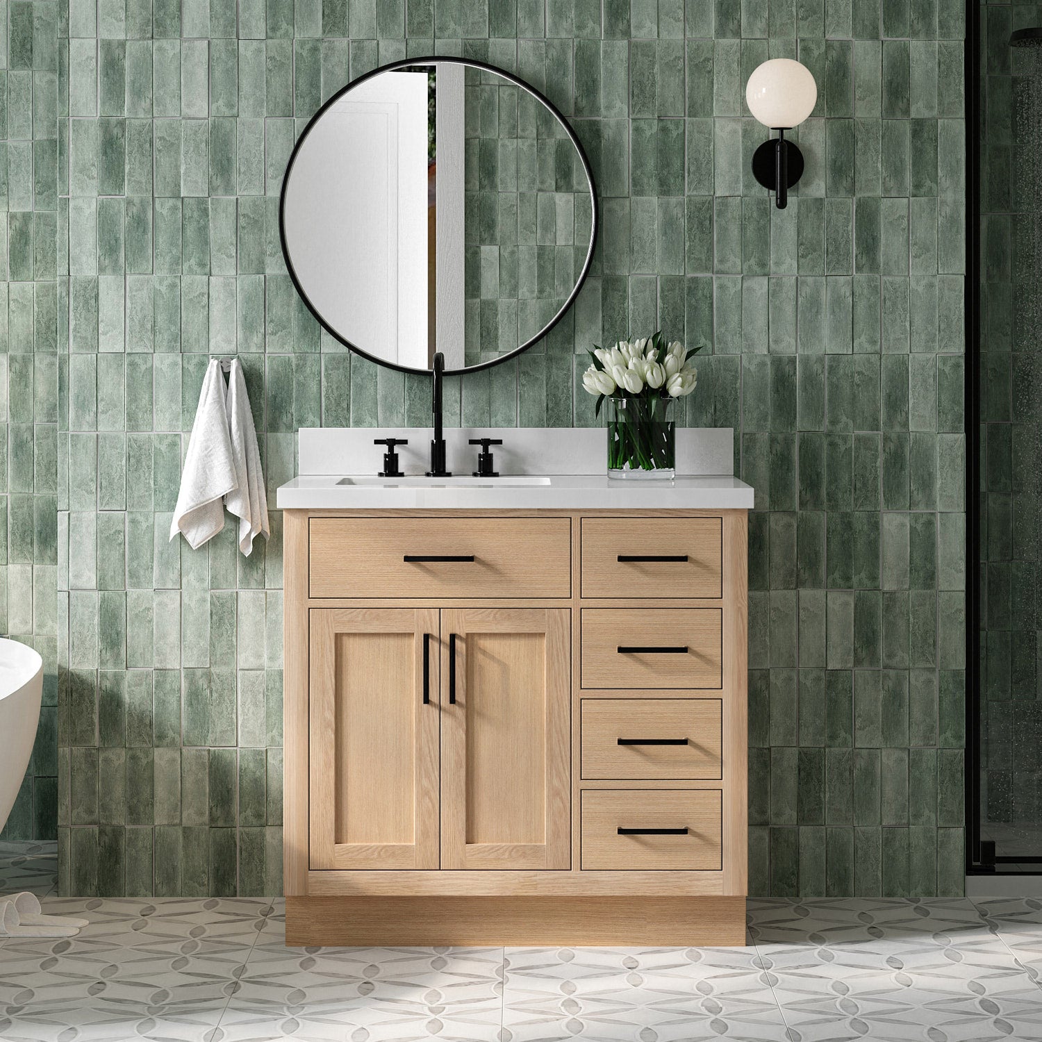 Isabella 36-Inch White Oak bathroom vanity in styled bathroom setting