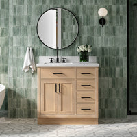 Isabella 36-Inch White Oak bathroom vanity in styled bathroom setting