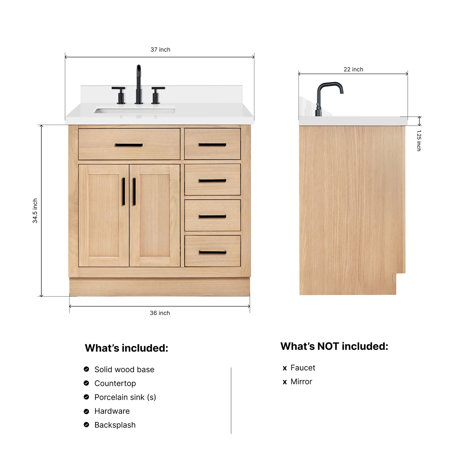 Isabella 36-Inch White Oak bathroom vanity dimensions