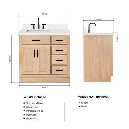 Isabella 36-Inch White Oak bathroom vanity dimensions