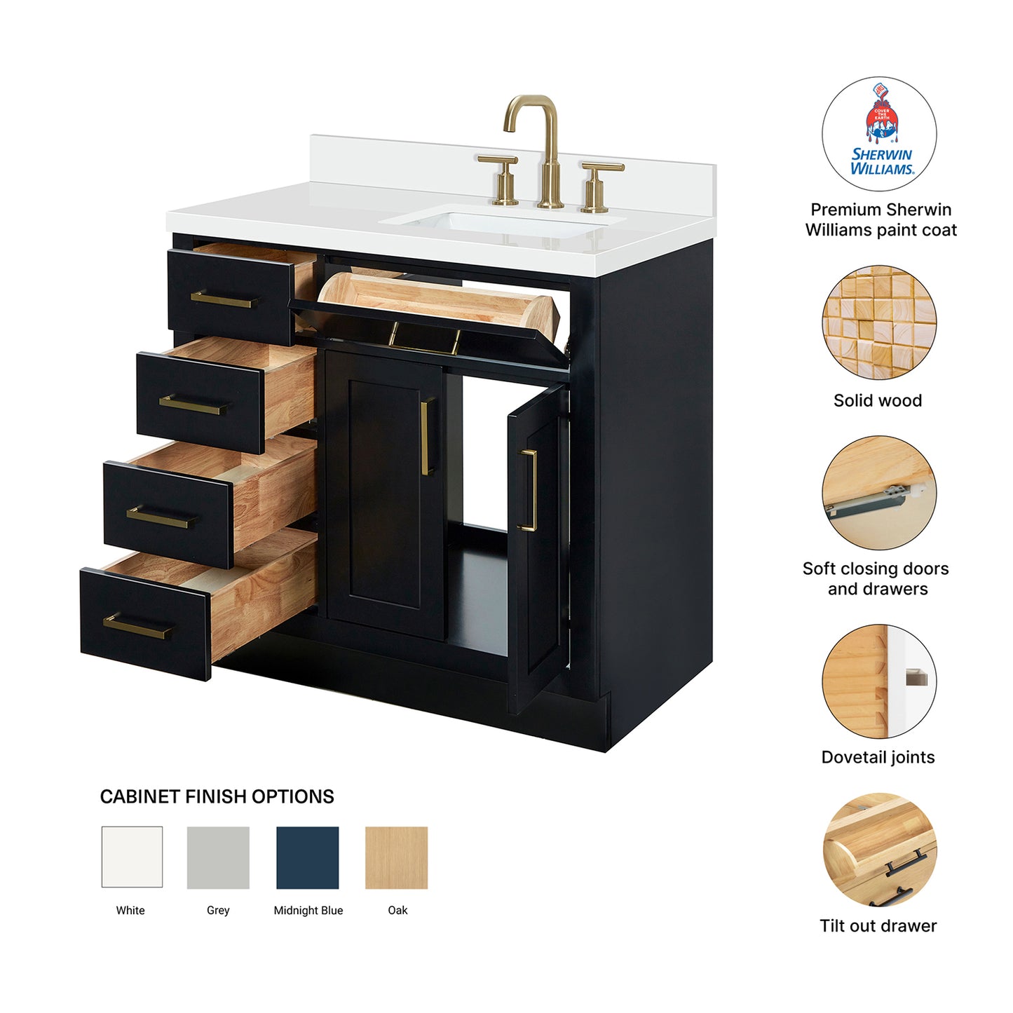 Isabella 36-Inch Black bathroom vanity – feature highlights: solid wood frame, soft-close doors and drawers, Sherwin-Williams paint finish