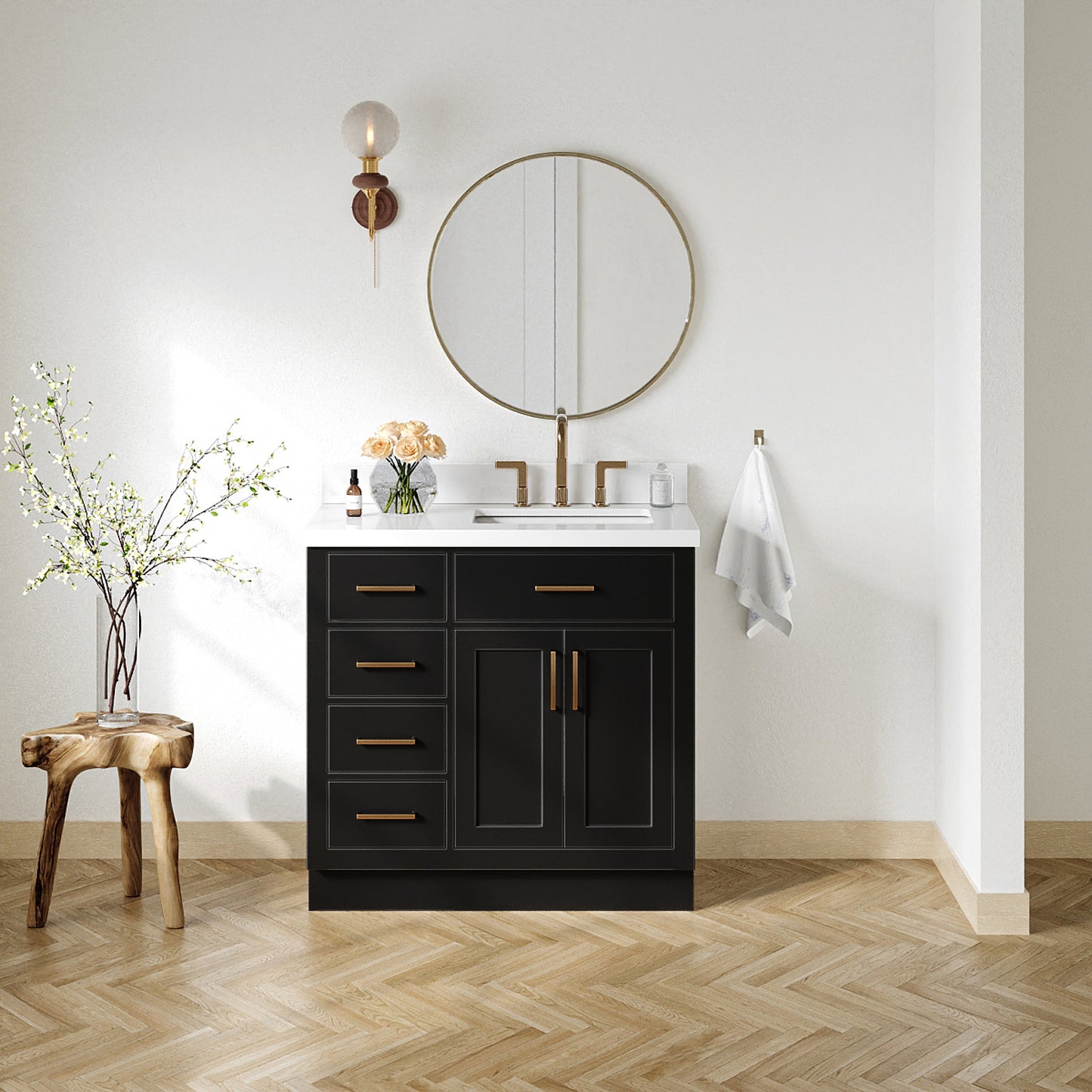 Isabella 36-Inch Black bathroom vanity in styled bathroom setting