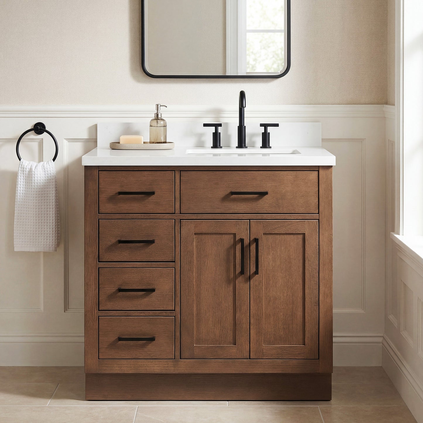 Isabella 36-Inch Brown Oak bathroom vanity in styled bathroom setting