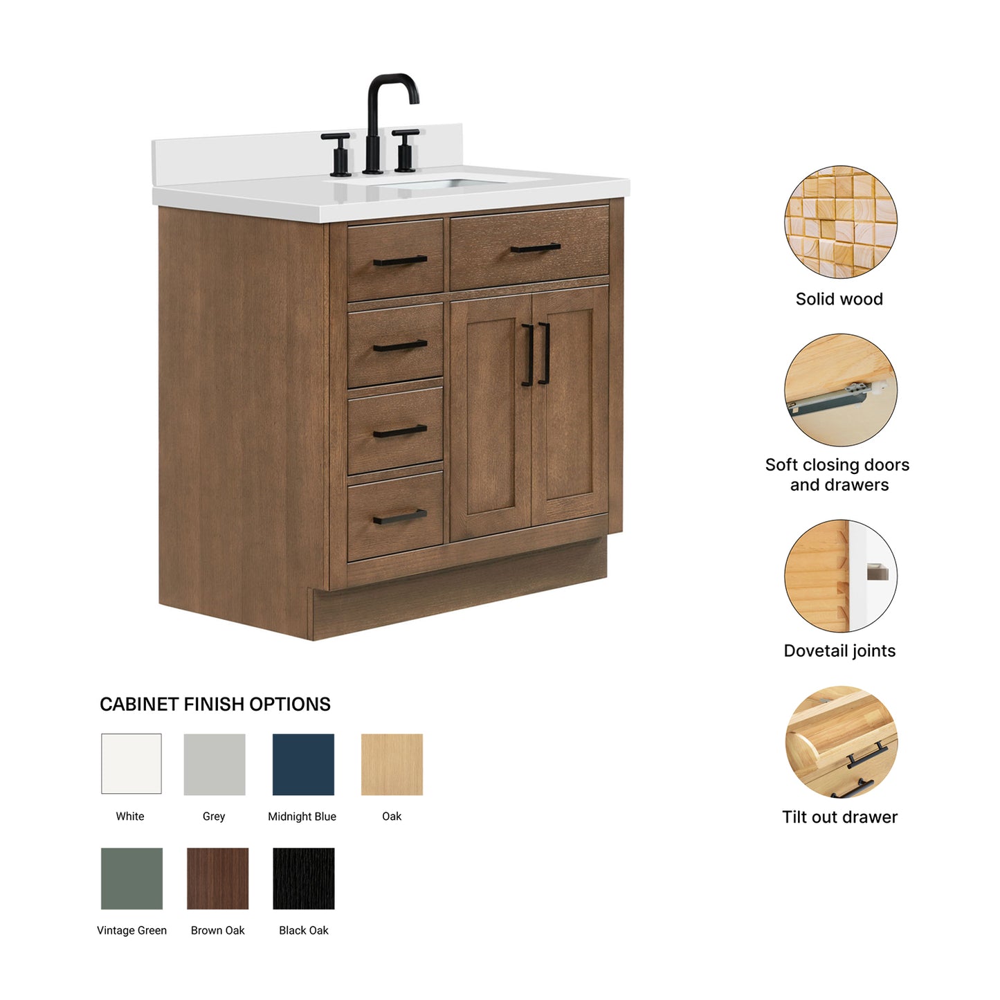 Isabella 36-Inch Brown Oak bathroom vanity – feature highlights: solid wood frame, soft-close doors and drawers, Sherwin-Williams paint finish