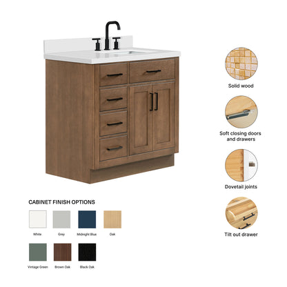 Isabella 36-Inch Brown Oak bathroom vanity – feature highlights: solid wood frame, soft-close doors and drawers, Sherwin-Williams paint finish