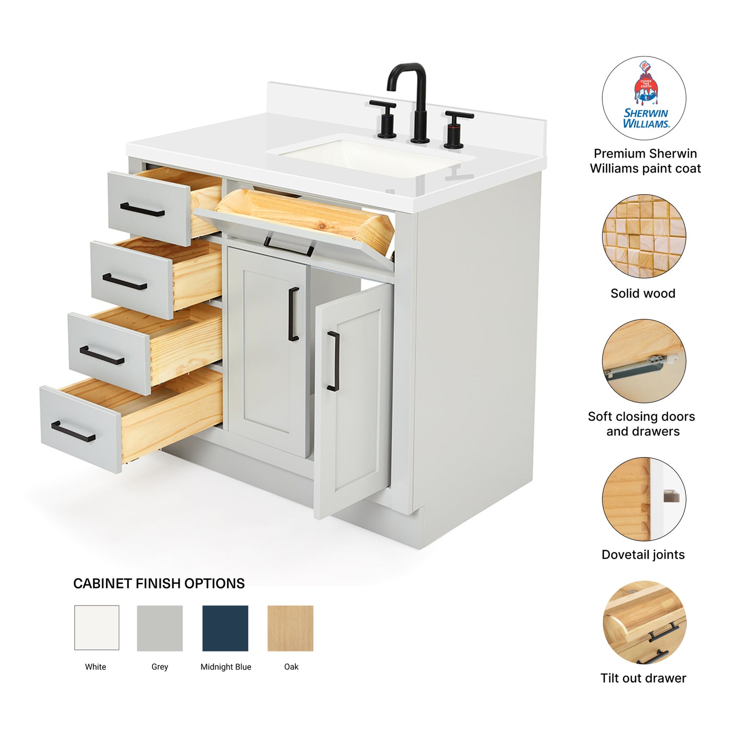 Isabella 36-Inch Grey bathroom vanity – feature highlights: solid wood frame, soft-close doors and drawers, Sherwin-Williams paint finish
