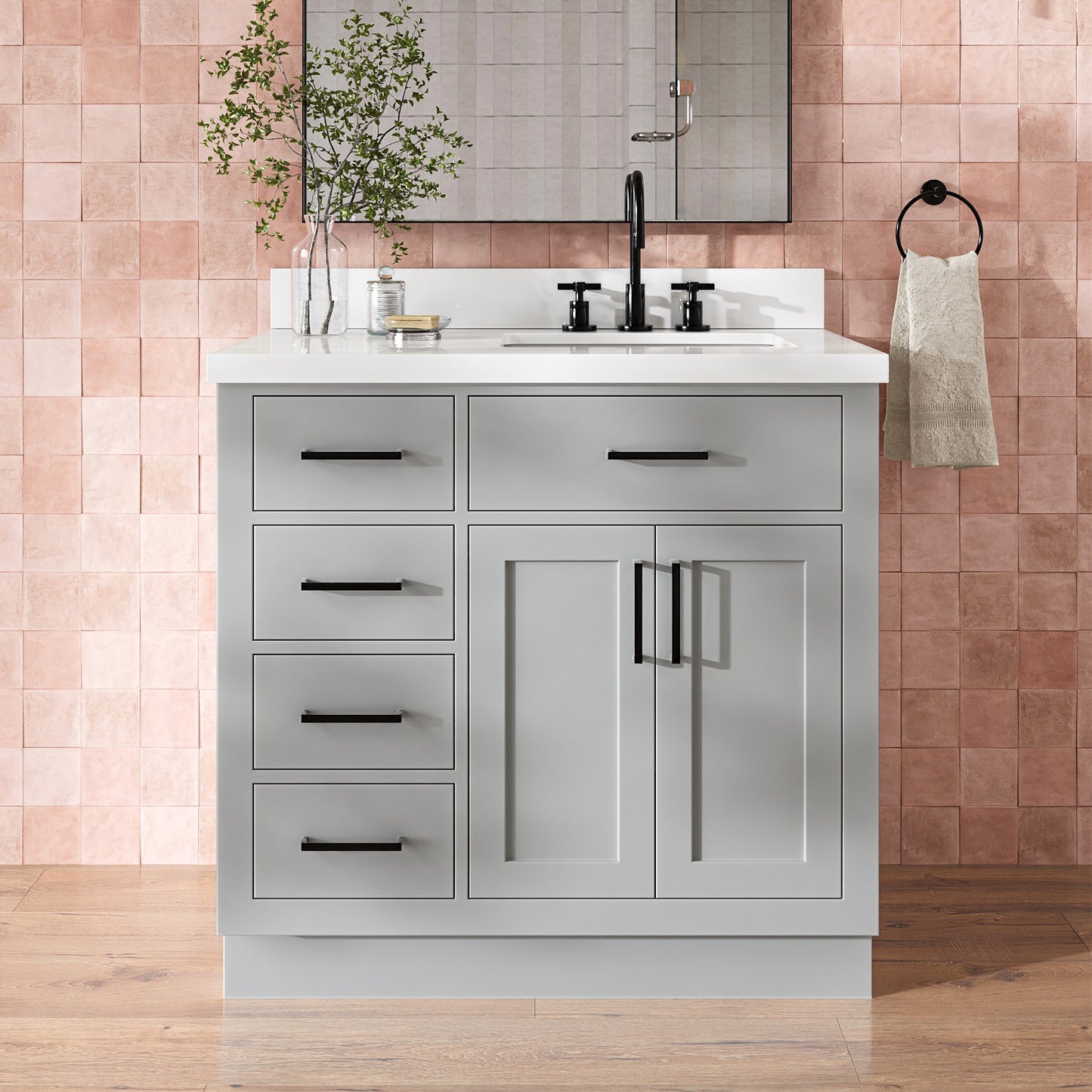Isabella 36-Inch Grey bathroom vanity in styled bathroom setting