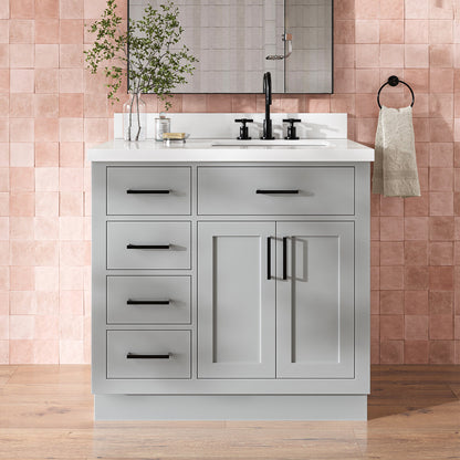 Isabella 36-Inch Grey bathroom vanity in styled bathroom setting