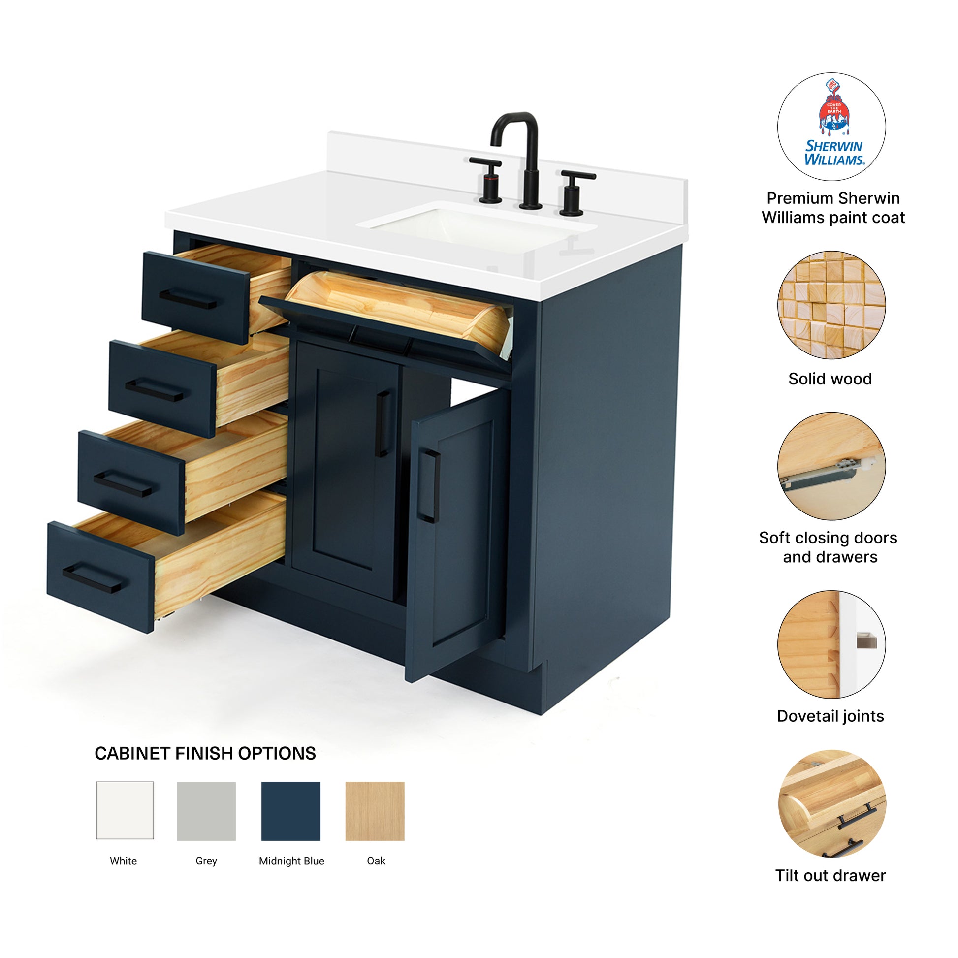 Isabella 36-Inch Midnight Blue bathroom vanity – feature highlights: solid wood frame, soft-close doors and drawers, Sherwin-Williams paint finish
