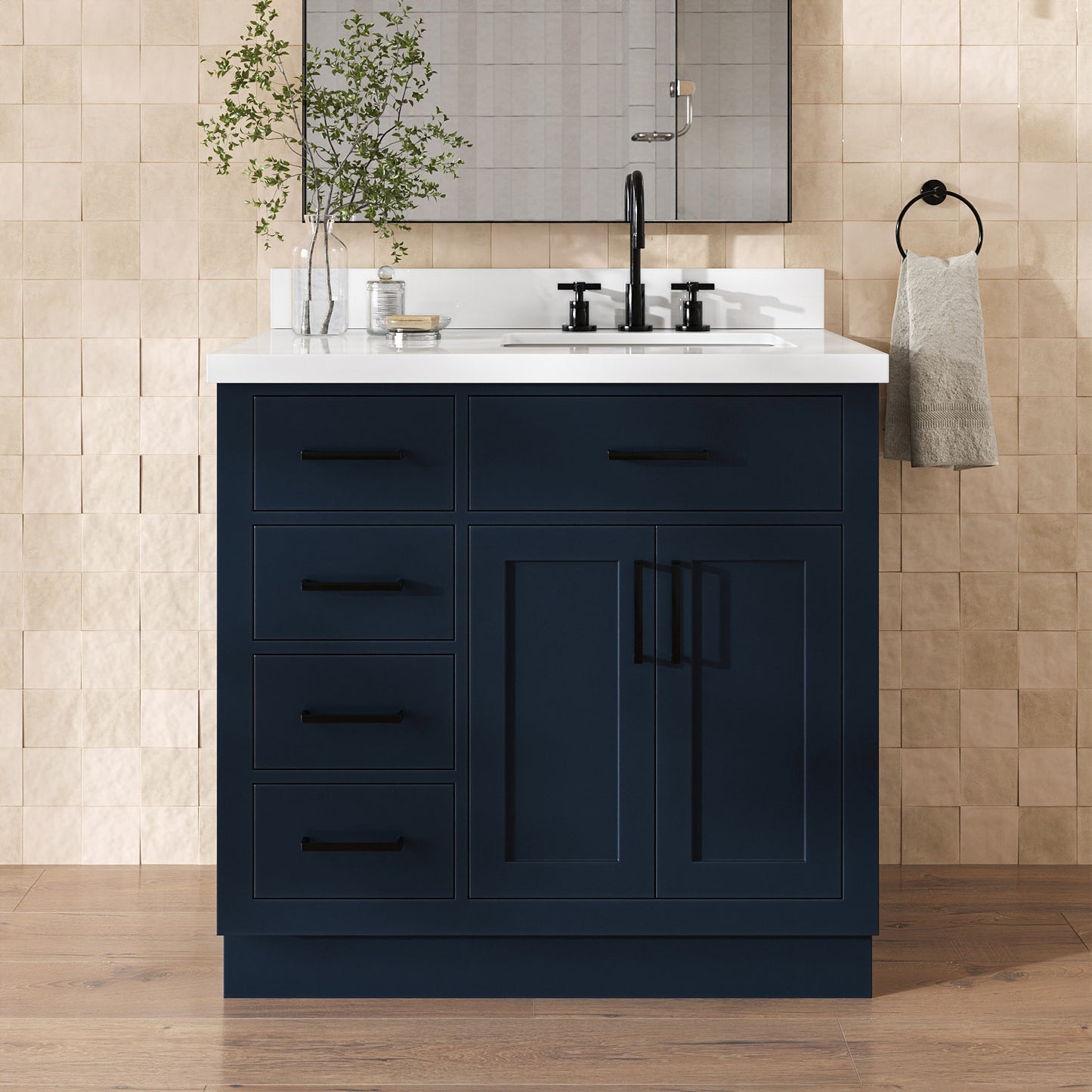 Isabella 36-Inch Midnight Blue bathroom vanity in styled bathroom setting