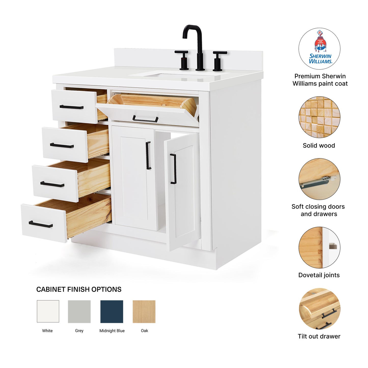 Isabella 36-Inch White bathroom vanity – feature highlights: solid wood frame, soft-close doors and drawers, Sherwin-Williams paint finish