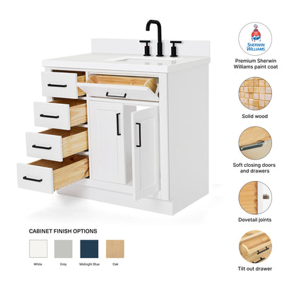 Isabella 36-Inch White bathroom vanity – feature highlights: solid wood frame, soft-close doors and drawers, Sherwin-Williams paint finish