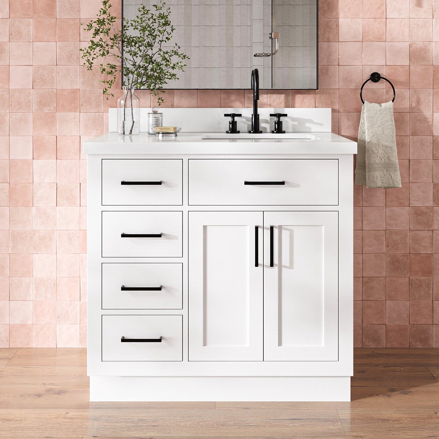 Isabella 36-Inch White bathroom vanity in styled bathroom setting
